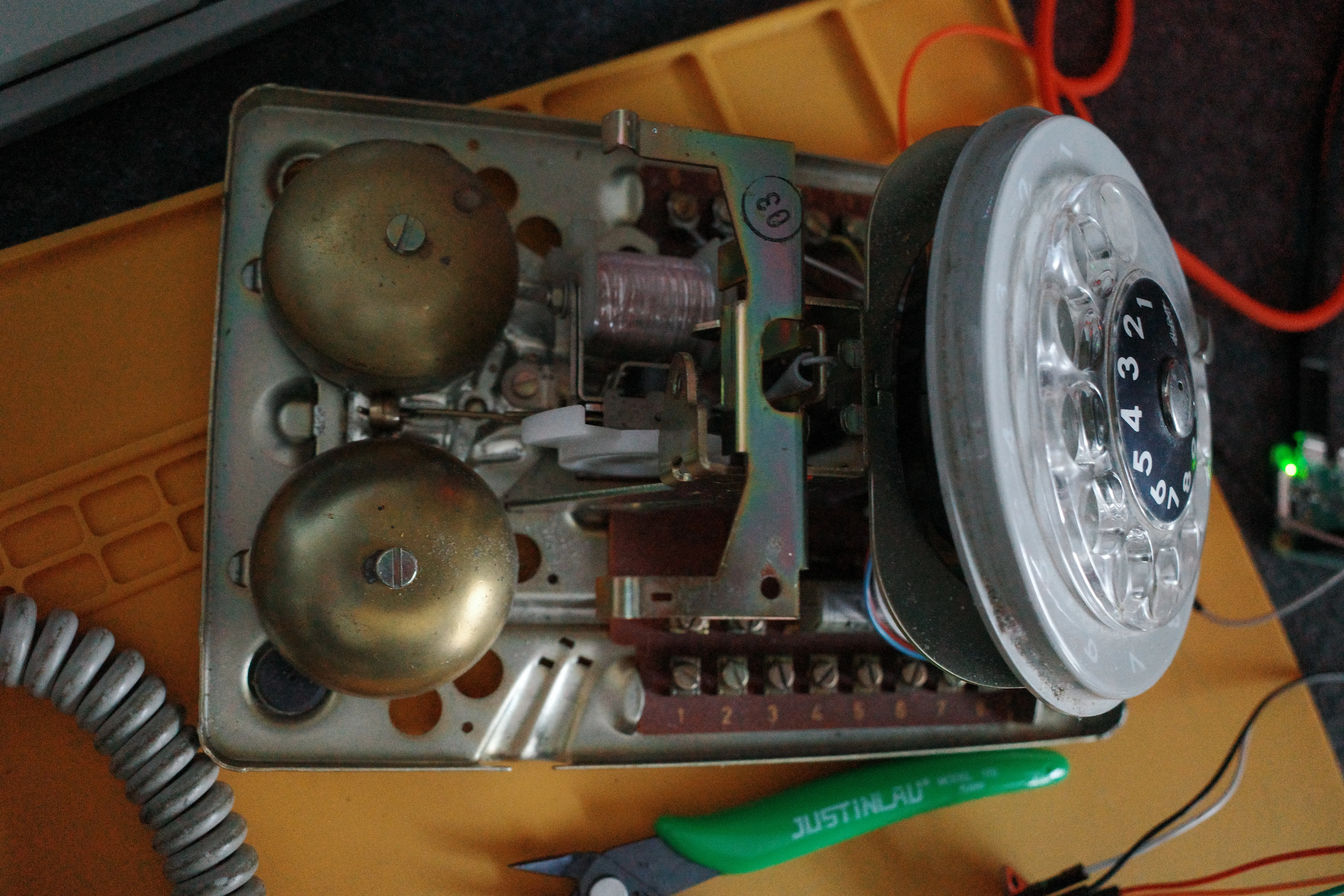 Side view of the original bells, rotary mechanism, and terminal strip