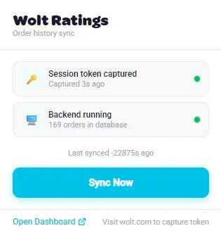 Wolt Ratings Chrome extension popup showing token status and sync button