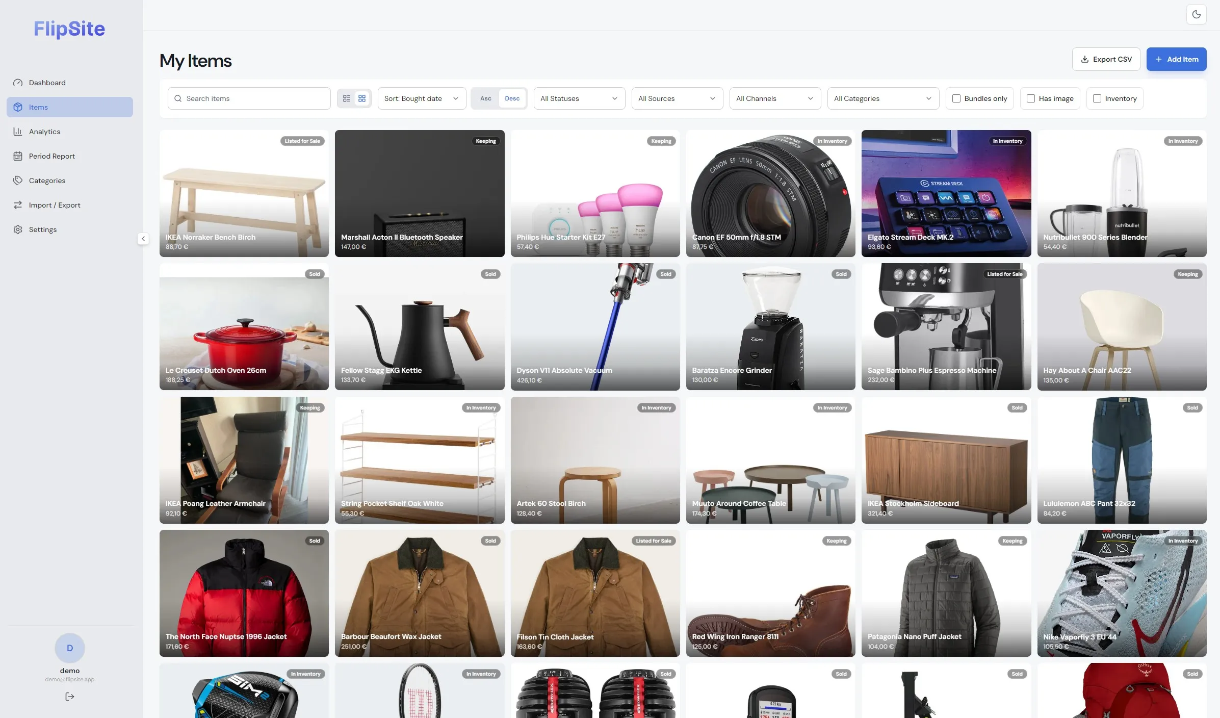 FlipSite items in gallery view, browsing by photo
