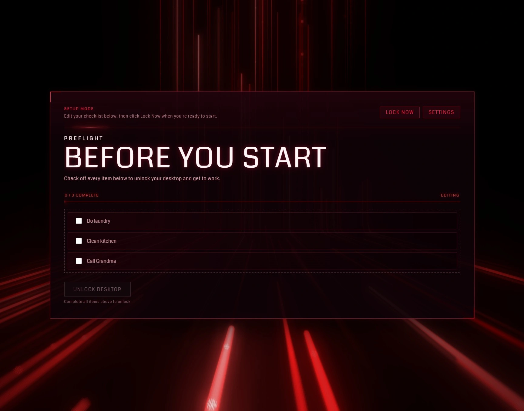 PreFlight lock screen with neon corridor background