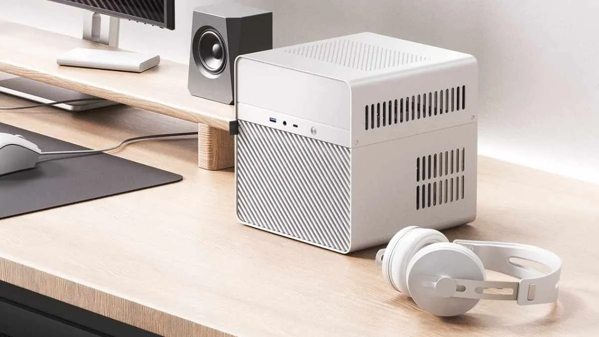 A sleek, modern NAS setup in a white Jonsbo N2 case.