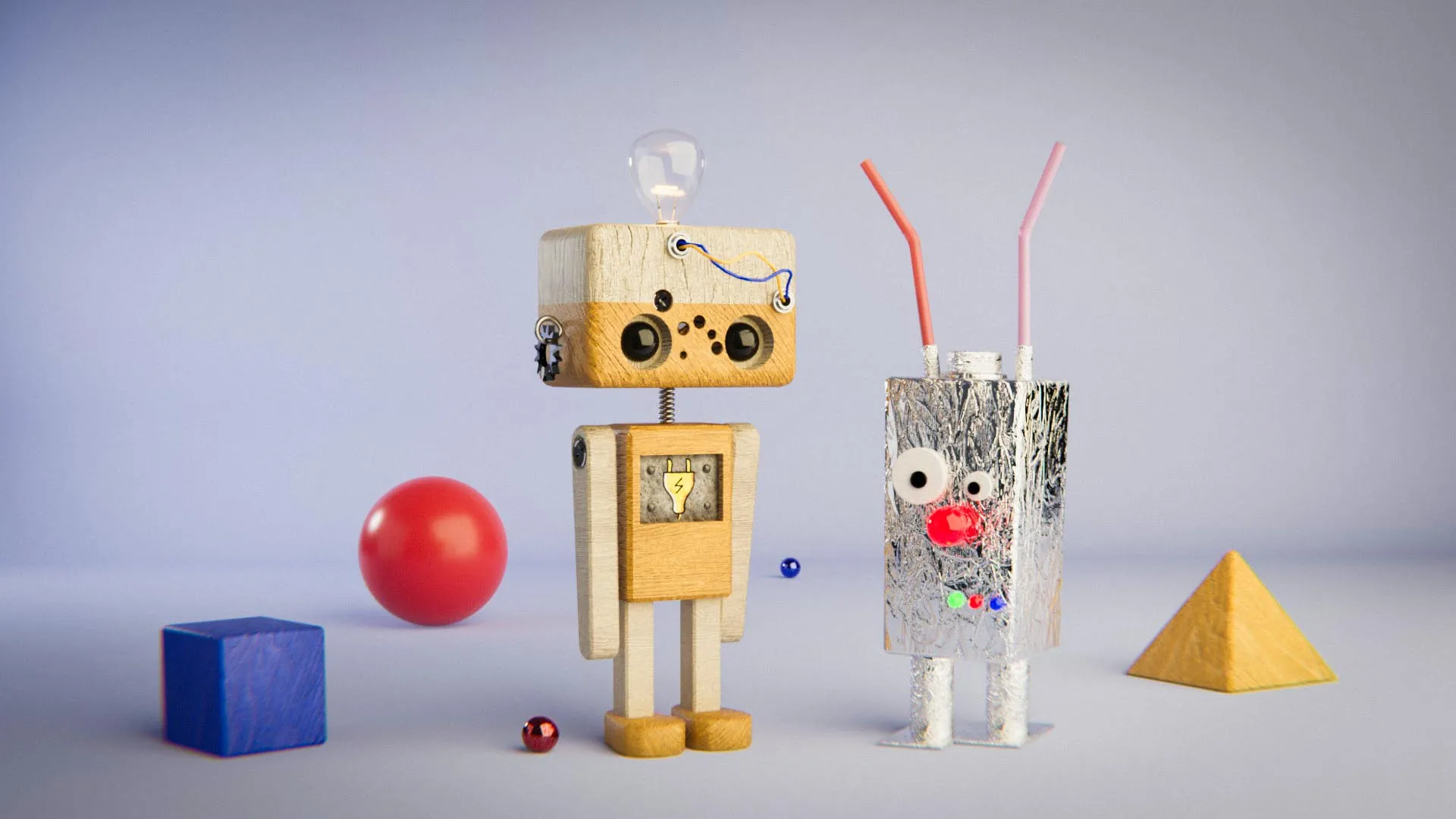 Wooden and Aluminum Foil Robots Render